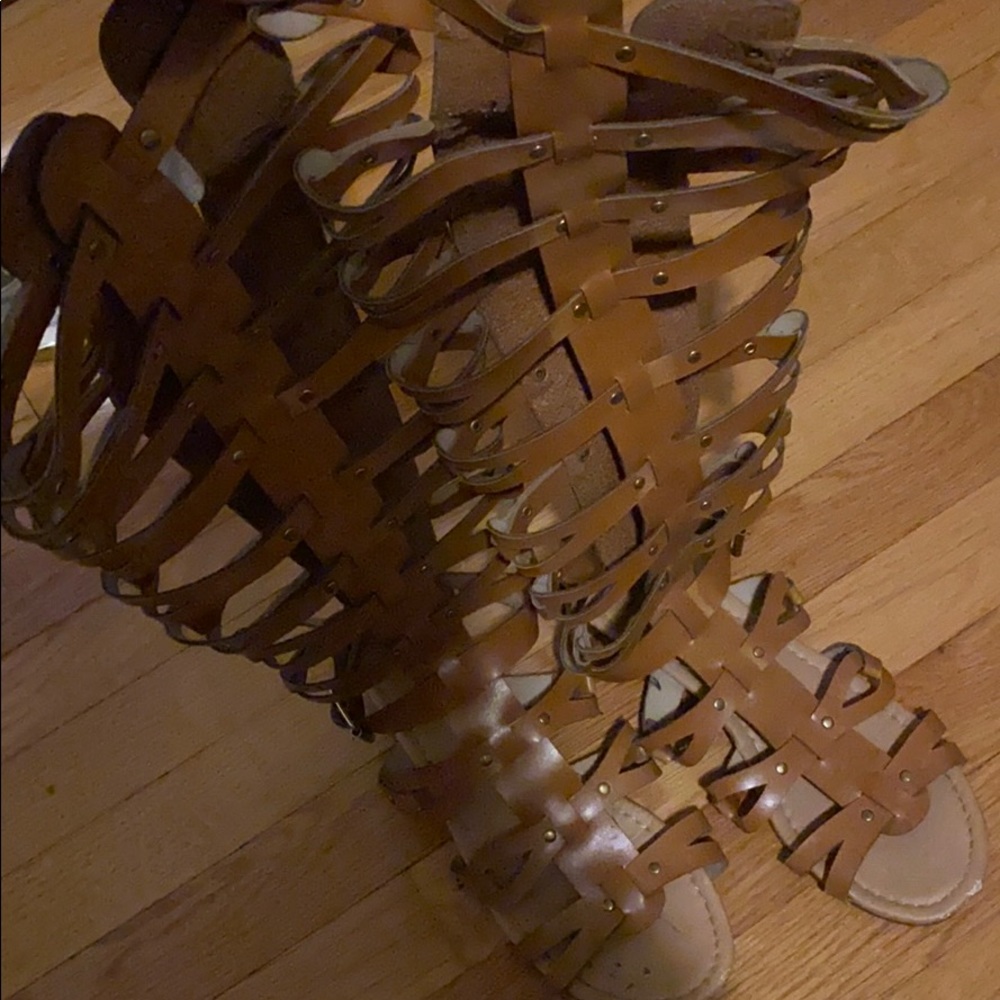 Tan zip up knee high sandals